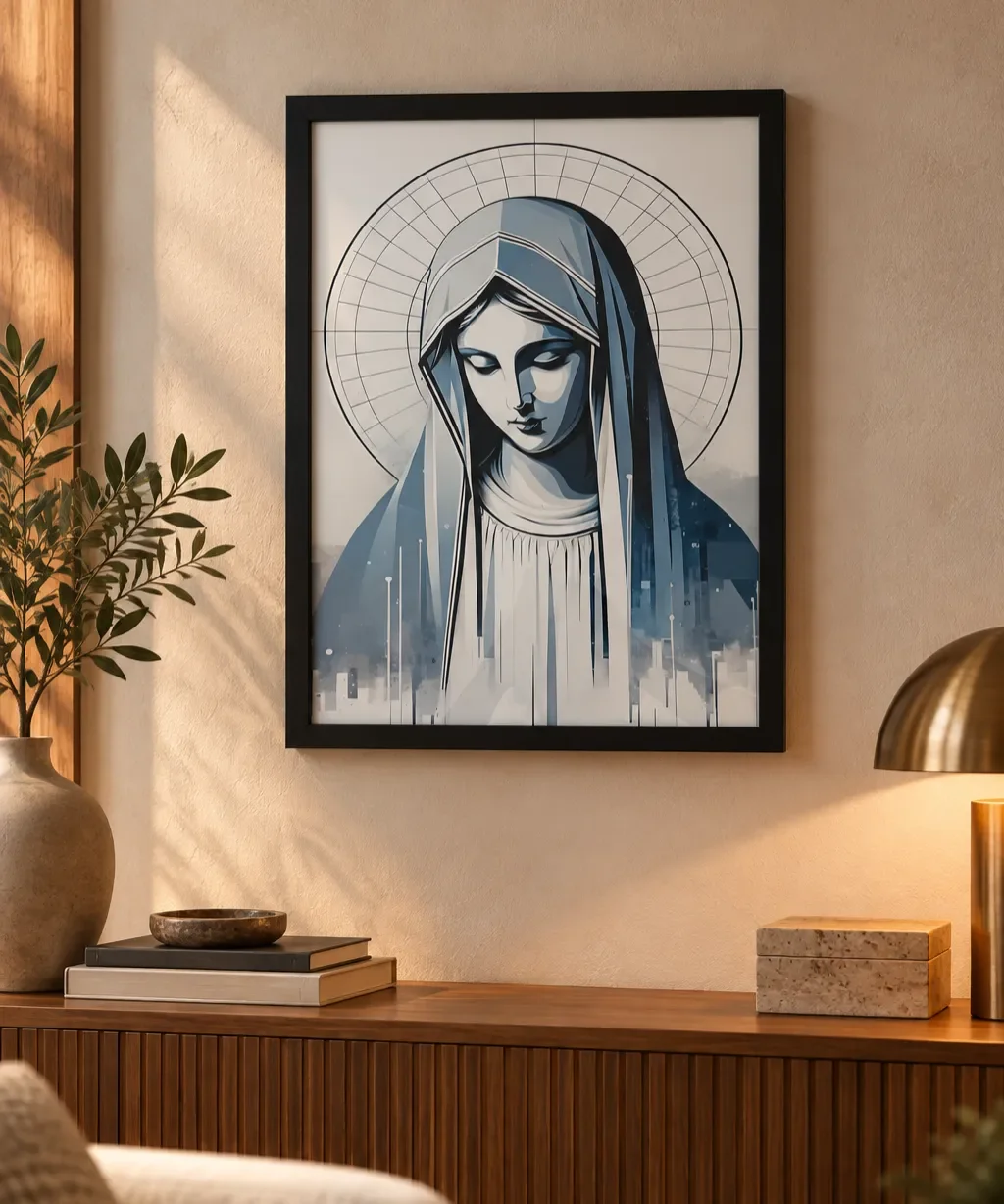 Nicho sereno com arte sacra moderna.webp